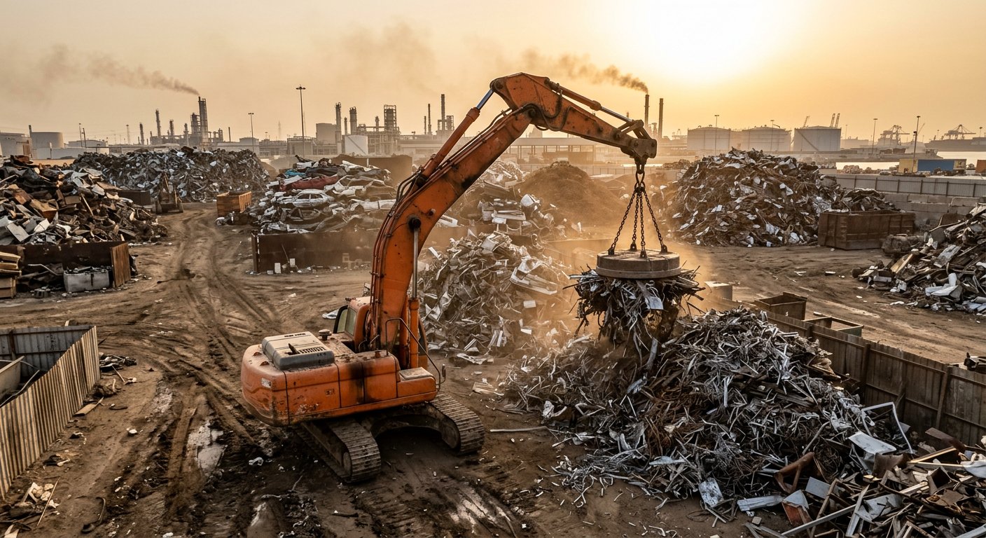 Scrap steel yard with magnet excavator
